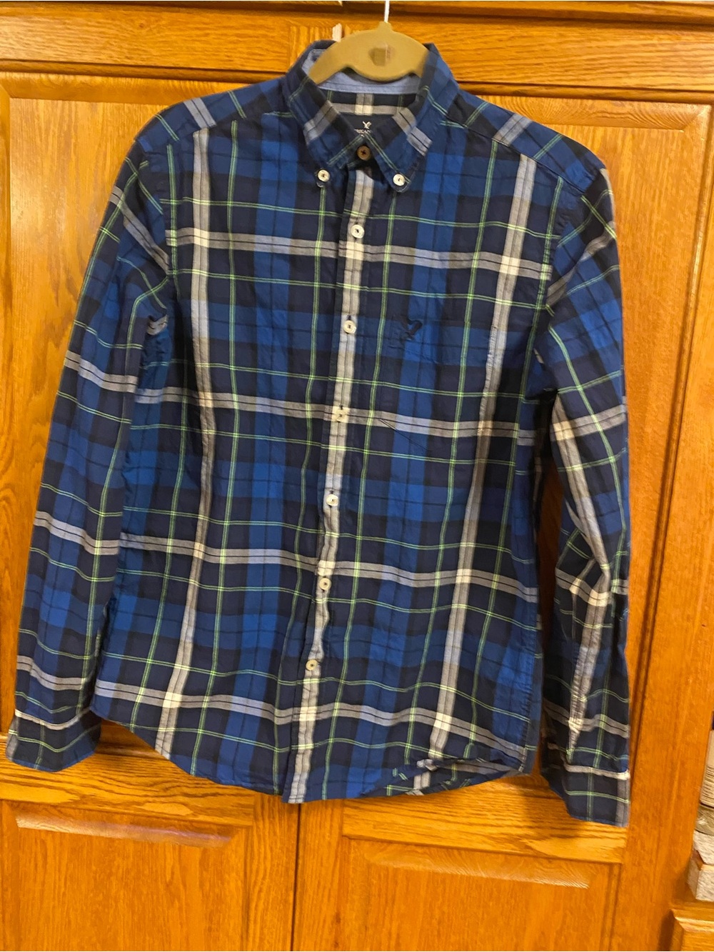 American Eagle BOYS Outfitters Blue Plaid Button-Down Shirt with Green Stripes